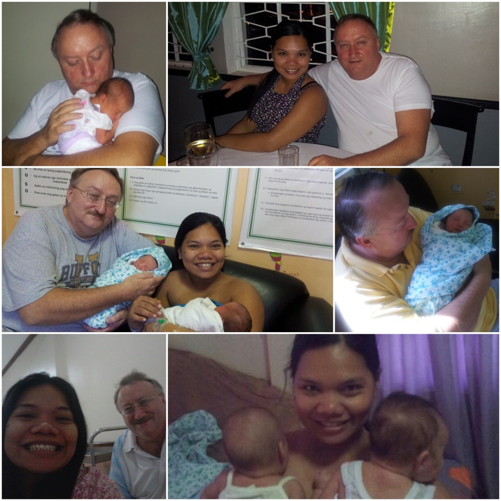 Photos from 2013. Jeff with Antoinette a week after the twins were born (upper left). Jeff and Cris after Cris' French class at Alliance Française de Cebu (upper right). Jeff and Cris a day after the twins were born (center left). Jeff holds Nicholas for the first time (center right). Jeff and Cris before Cris' cesarian operation (lower left). Cris with the three-month-old twins then.